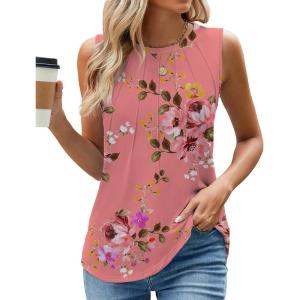 imageWEACZZY Womens Puff Short Sleeve Tops Dressy Casual Crew Neck Pleated T Shirts Cute Blouse Tunic Top Fashion Clothes 2025Z Floral Sugar Pink Tank