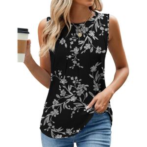 imageWEACZZY Womens Puff Short Sleeve Tops Dressy Casual Crew Neck Pleated T Shirts Cute Blouse Tunic Top Fashion Clothes 2025Z Floral White Black Tank