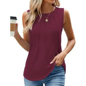 imageWEACZZY Womens Puff Short Sleeve Tops Dressy Casual Crew Neck Pleated T Shirts Cute Blouse Tunic Top Fashion Clothes 2025Z Wine Red Tank