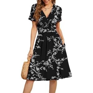 imageWEACZZY Womens Summer Short Sleeve Casual Dresses VNeck Floral Party Dress with Pockets01 White Flower Black