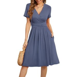 imageWEACZZY Womens Summer Short Sleeve Casual Dresses VNeck Floral Party Dress with PocketsA Purple Gray