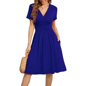 imageWEACZZY Womens Summer Short Sleeve Casual Dresses VNeck Floral Party Dress with PocketsA Royal Blue
