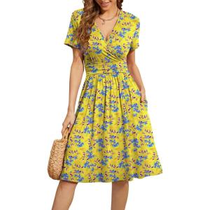 imageWEACZZY Womens Summer Short Sleeve Casual Dresses VNeck Floral Party Dress with PocketsBlue Leaf