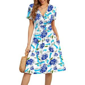 imageWEACZZY Womens Summer Short Sleeve Casual Dresses VNeck Floral Party Dress with PocketsBlue White Floral