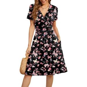 imageWEACZZY Womens Summer Short Sleeve Casual Dresses VNeck Floral Party Dress with PocketsButterfly Black