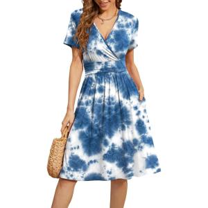 imageWEACZZY Womens Summer Short Sleeve Casual Dresses VNeck Floral Party Dress with PocketsColorful Blue