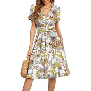 imageWEACZZY Womens Summer Short Sleeve Casual Dresses VNeck Floral Party Dress with PocketsFeather White
