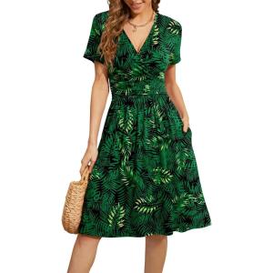 imageWEACZZY Womens Summer Short Sleeve Casual Dresses VNeck Floral Party Dress with PocketsFloral Green