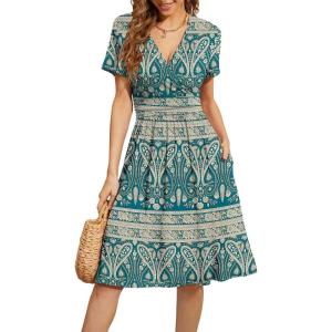 imageWEACZZY Womens Summer Short Sleeve Casual Dresses VNeck Floral Party Dress with PocketsGreen Khaki