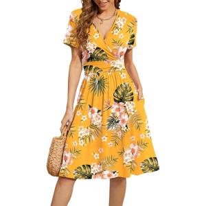 imageWEACZZY Womens Summer Short Sleeve Casual Dresses VNeck Floral Party Dress with PocketsGreen Leaf Yellow