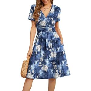 imageWEACZZY Womens Summer Short Sleeve Casual Dresses VNeck Floral Party Dress with PocketsWaterlily Blue