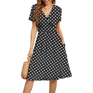 imageWEACZZY Womens Summer Short Sleeve Casual Dresses VNeck Floral Party Dress with PocketsWhite Dot Black