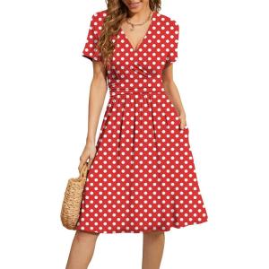 imageWEACZZY Womens Summer Short Sleeve Casual Dresses VNeck Floral Party Dress with PocketsWhite Dot Red