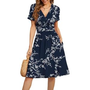 imageWEACZZY Womens Summer Short Sleeve Casual Dresses VNeck Floral Party Dress with PocketsWhite Flower