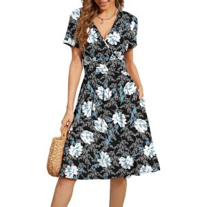 imageWEACZZY Womens Summer Short Sleeve Casual Dresses VNeck Floral Party Dress with PocketsWhite Lily