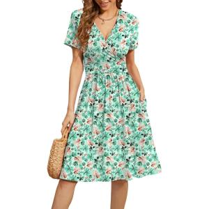 imageWEACZZY Womens Summer Short Sleeve Casual Dresses VNeck Floral Party Dress with PocketsYellow Green Floral