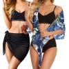 imageCHICGAL 2 Pieces Women Beach Sarong Bathing Suit Wrap Skirt Sheer Bikini Swimsuit Cover Ups for SwimwearBlack  Dark Blue Leaf