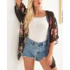 imageWomens Floral Print Puff Sleeve Kimono Cardigan Loose Cover Up Casual Blouse TopsA Black Floral