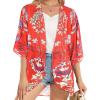 imageWomens Floral Print Puff Sleeve Kimono Cardigan Loose Cover Up Casual Blouse TopsAa Boho Red