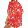 imageWomens Floral Print Puff Sleeve Kimono Cardigan Loose Cover Up Casual Blouse TopsAa Boho Red