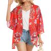 imageWomens Floral Print Puff Sleeve Kimono Cardigan Loose Cover Up Casual Blouse TopsAa Boho Red