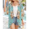 imageWomens Floral Print Puff Sleeve Kimono Cardigan Loose Cover Up Casual Blouse TopsAqua Blue