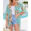 imageWomens Floral Print Puff Sleeve Kimono Cardigan Loose Cover Up Casual Blouse TopsAqua Blue