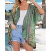 imageWomens Floral Print Puff Sleeve Kimono Cardigan Loose Cover Up Casual Blouse TopsArmy Green Floral