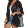 imageWomens Floral Print Puff Sleeve Kimono Cardigan Loose Cover Up Casual Blouse TopsB Solid Black