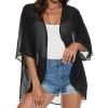 imageWomens Floral Print Puff Sleeve Kimono Cardigan Loose Cover Up Casual Blouse TopsB Solid Black