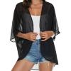 imageWomens Floral Print Puff Sleeve Kimono Cardigan Loose Cover Up Casual Blouse TopsB Solid Black
