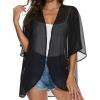 imageWomens Floral Print Puff Sleeve Kimono Cardigan Loose Cover Up Casual Blouse TopsB Solid Black