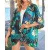 imageWomens Floral Print Puff Sleeve Kimono Cardigan Loose Cover Up Casual Blouse TopsBlack Green Tropical