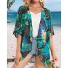 imageWomens Floral Print Puff Sleeve Kimono Cardigan Loose Cover Up Casual Blouse TopsBlack Green Tropical