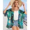 imageWomens Floral Print Puff Sleeve Kimono Cardigan Loose Cover Up Casual Blouse TopsBlack Green Tropical