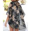 imageWomens Floral Print Puff Sleeve Kimono Cardigan Loose Cover Up Casual Blouse TopsBlack Khaki Floral