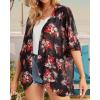 imageWomens Floral Print Puff Sleeve Kimono Cardigan Loose Cover Up Casual Blouse TopsBlack Red Rose