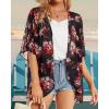 imageWomens Floral Print Puff Sleeve Kimono Cardigan Loose Cover Up Casual Blouse TopsBlack Red Rose