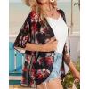 imageWomens Floral Print Puff Sleeve Kimono Cardigan Loose Cover Up Casual Blouse TopsBlack Red Rose