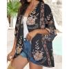 imageWomens Floral Print Puff Sleeve Kimono Cardigan Loose Cover Up Casual Blouse TopsBlack Vintage Flower