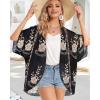 imageWomens Floral Print Puff Sleeve Kimono Cardigan Loose Cover Up Casual Blouse TopsBlack Vintage Flower