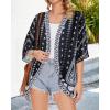 imageWomens Floral Print Puff Sleeve Kimono Cardigan Loose Cover Up Casual Blouse TopsBlack White Print