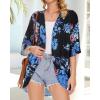 imageWomens Floral Print Puff Sleeve Kimono Cardigan Loose Cover Up Casual Blouse TopsBlue Pink Flower