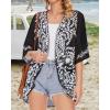imageWomens Floral Print Puff Sleeve Kimono Cardigan Loose Cover Up Casual Blouse TopsC Black Flower