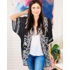 imageWomens Floral Print Puff Sleeve Kimono Cardigan Loose Cover Up Casual Blouse TopsC Black Flower