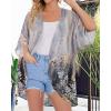 imageWomens Floral Print Puff Sleeve Kimono Cardigan Loose Cover Up Casual Blouse TopsGrey Gold Floral