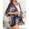 imageWomens Floral Print Puff Sleeve Kimono Cardigan Loose Cover Up Casual Blouse TopsNavy Blove