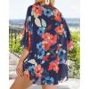 imageWomens Floral Print Puff Sleeve Kimono Cardigan Loose Cover Up Casual Blouse TopsOil Ink Blue