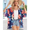 imageWomens Floral Print Puff Sleeve Kimono Cardigan Loose Cover Up Casual Blouse TopsOil Ink Blue