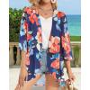 imageWomens Floral Print Puff Sleeve Kimono Cardigan Loose Cover Up Casual Blouse TopsOil Ink Blue